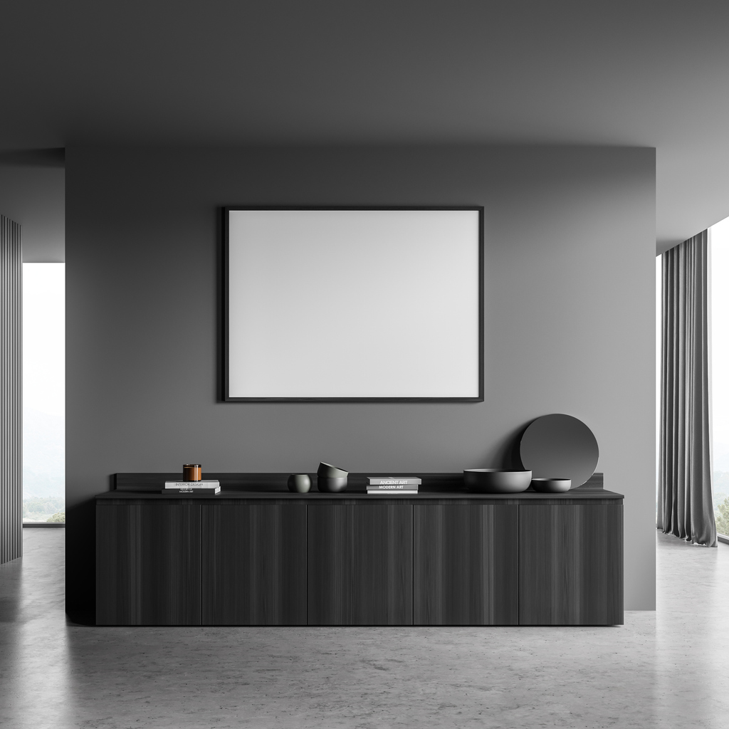 Horizontal banner in the dark grey living room two walkways and sideboard